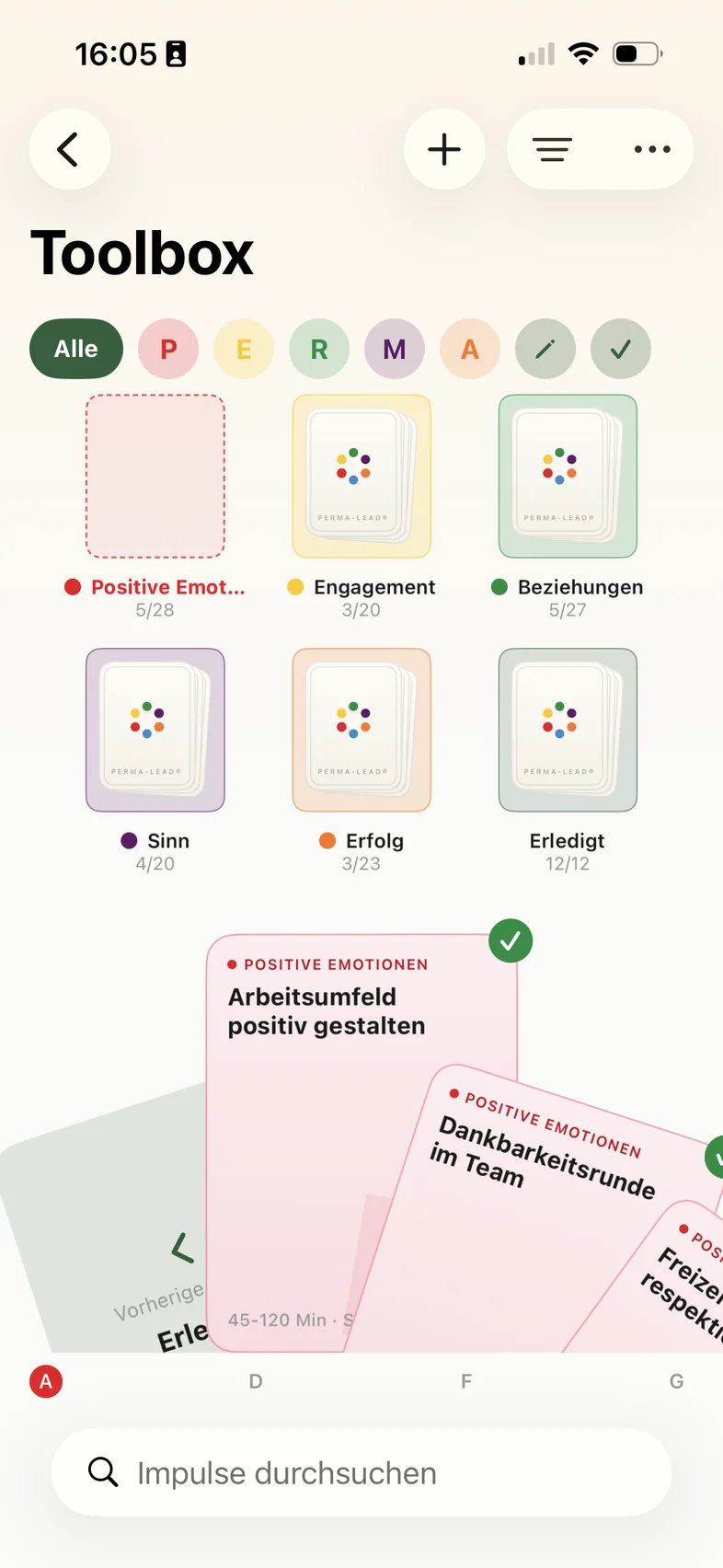Toolbox mit den Kartenstapeln je Dimension
