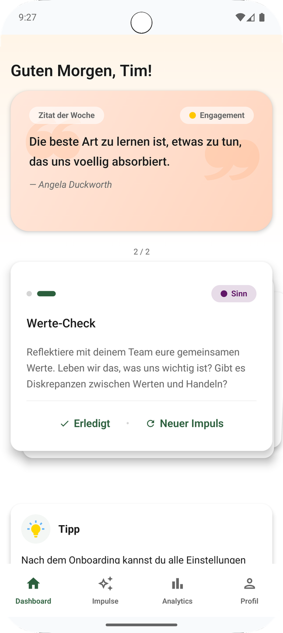 PERMA-Lead Dashboard mit Tagesimpulsen und Führungskompass